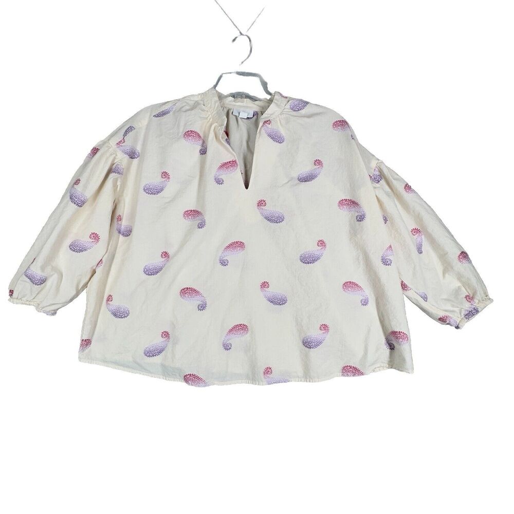J. Jill Shirt Womens Medium Petite Cream Purple Paisley Tunic Boho Peasant